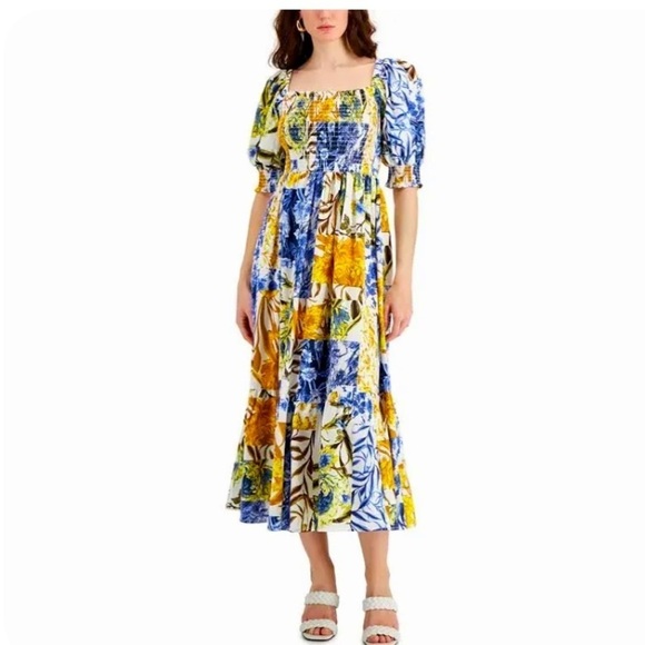 INC BOHO Phoebe Patch Printed Smocked Tiered Puff Sleeve Flowy Maxi Dress Medium - Picture 1 of 11